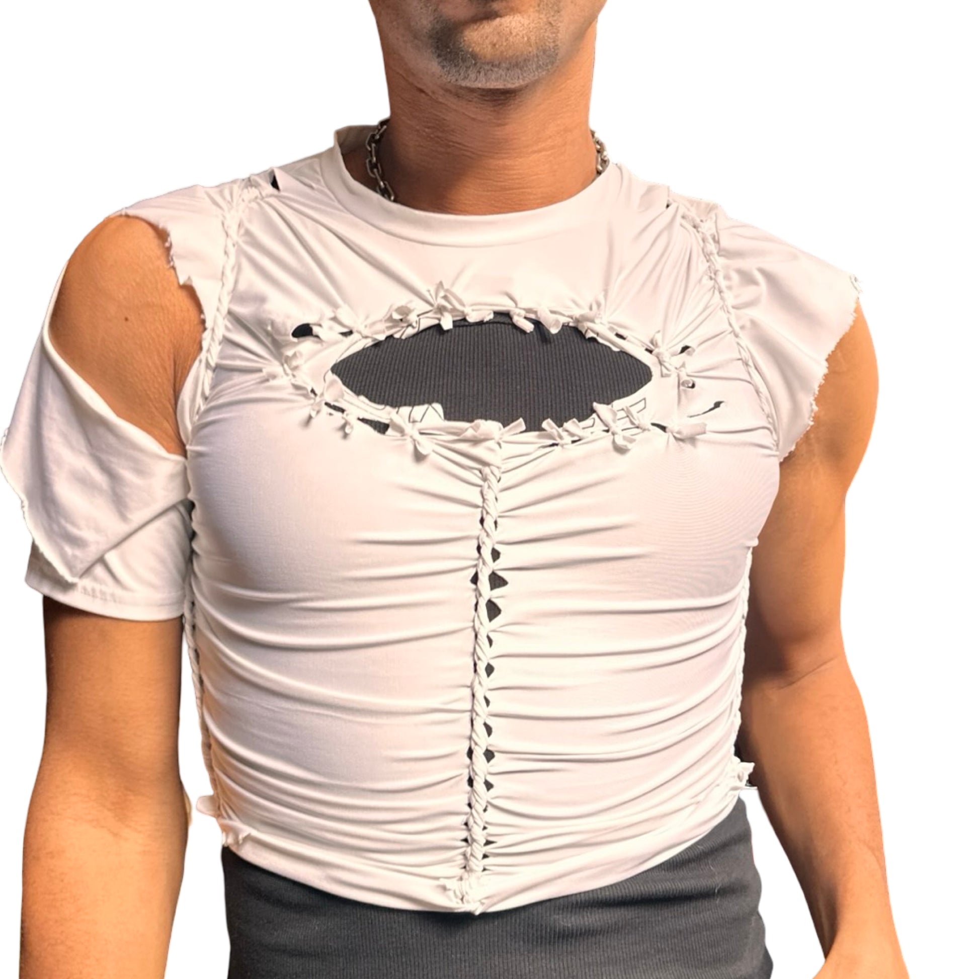 Front close up ASTROBOI* x O’NEIL white braided compression top with deconstructed logo, front body braids, and slim fit. Handmade in Brooklyn with UPF 50+ fabric.