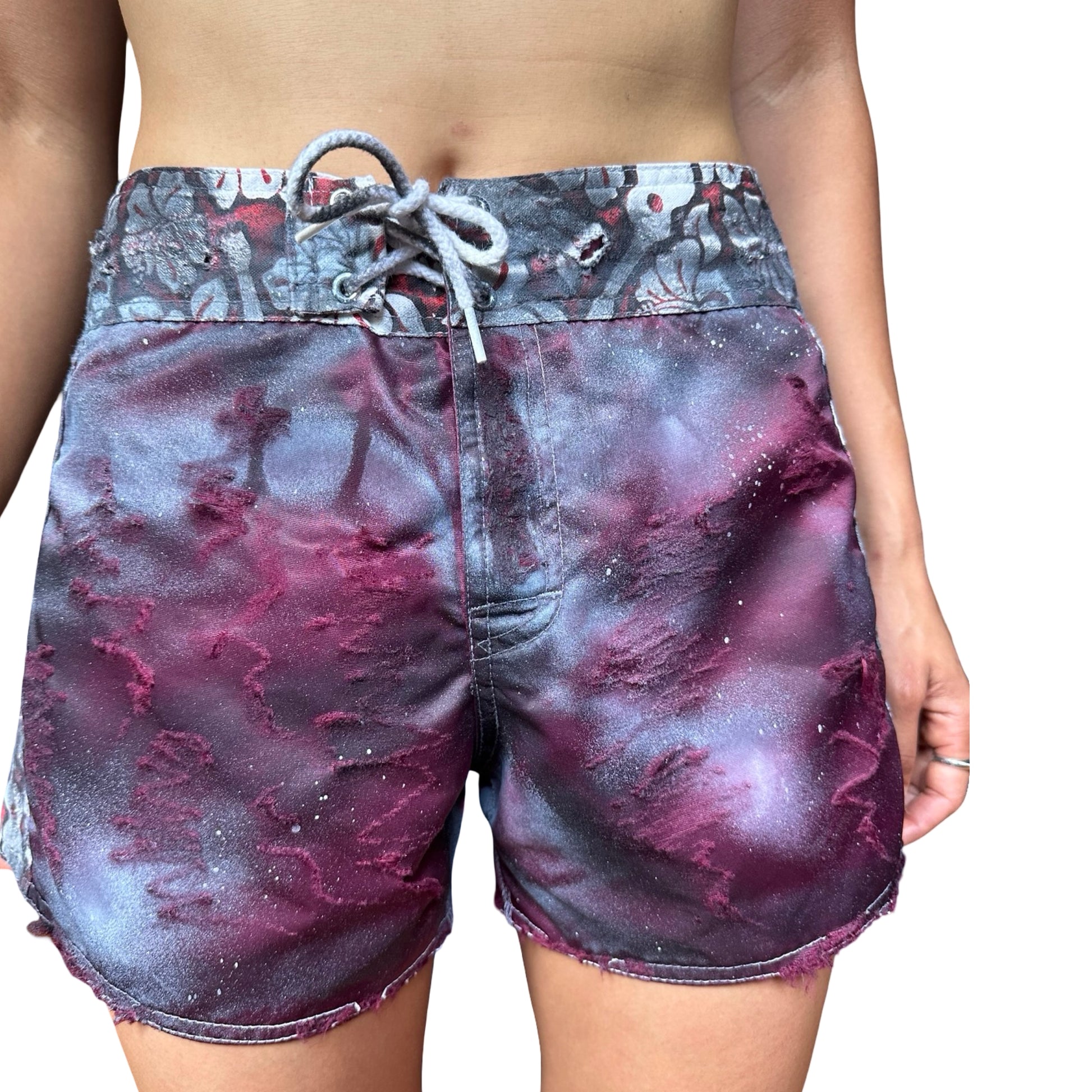 ASTROBOI* Y2K Women's Maroon Hibiscus Nylon Grunge Board Shorts – front 