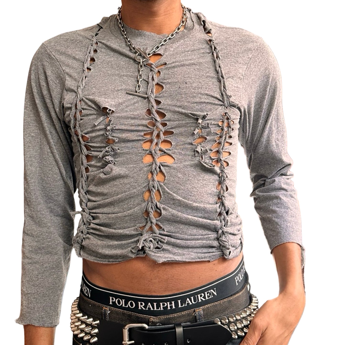 Front of ASTROBOI* x Gildan ‘Harness’ grey braided twist long sleeve shirt with tight body, loose sleeves, and hand-braided detailing. Custom NYC streetwear.