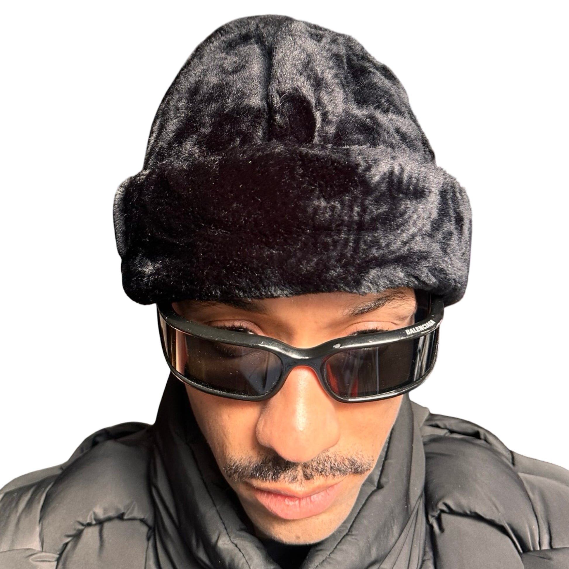 Front detail of Vintage black faux-fur winter hat with plush vegan fur and rounded silhouette, shown in great condition.