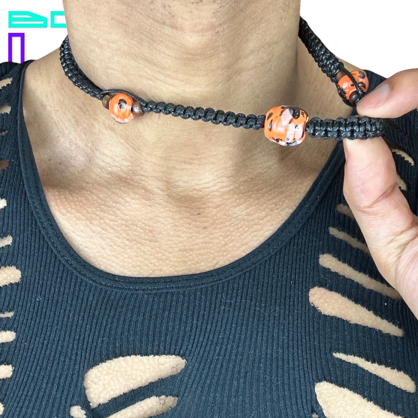 BLACK HEMP NECKLACE WITH ORANGE BEADS