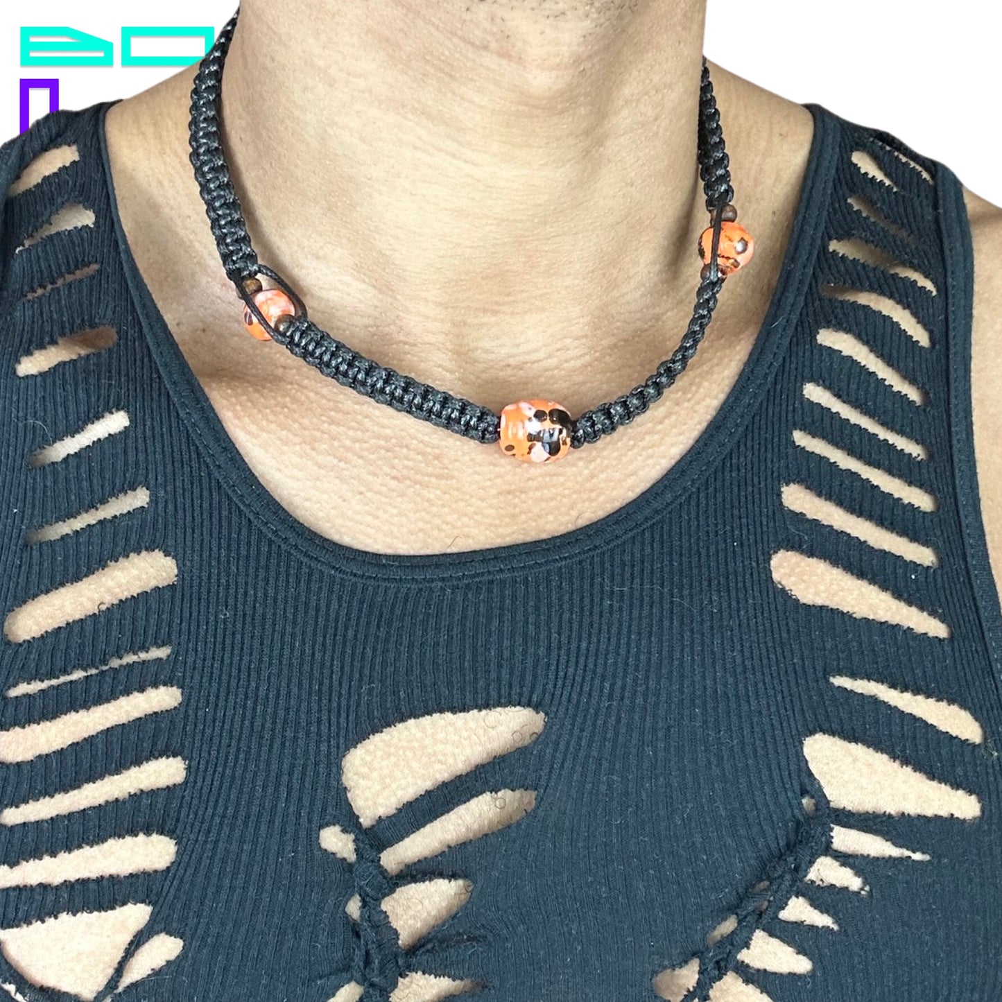 BLACK HEMP NECKLACE WITH ORANGE BEADS