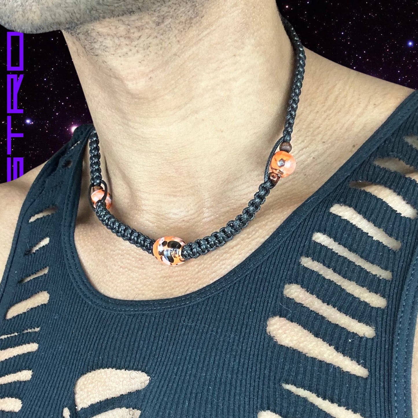 BLACK HEMP NECKLACE WITH ORANGE BEADS